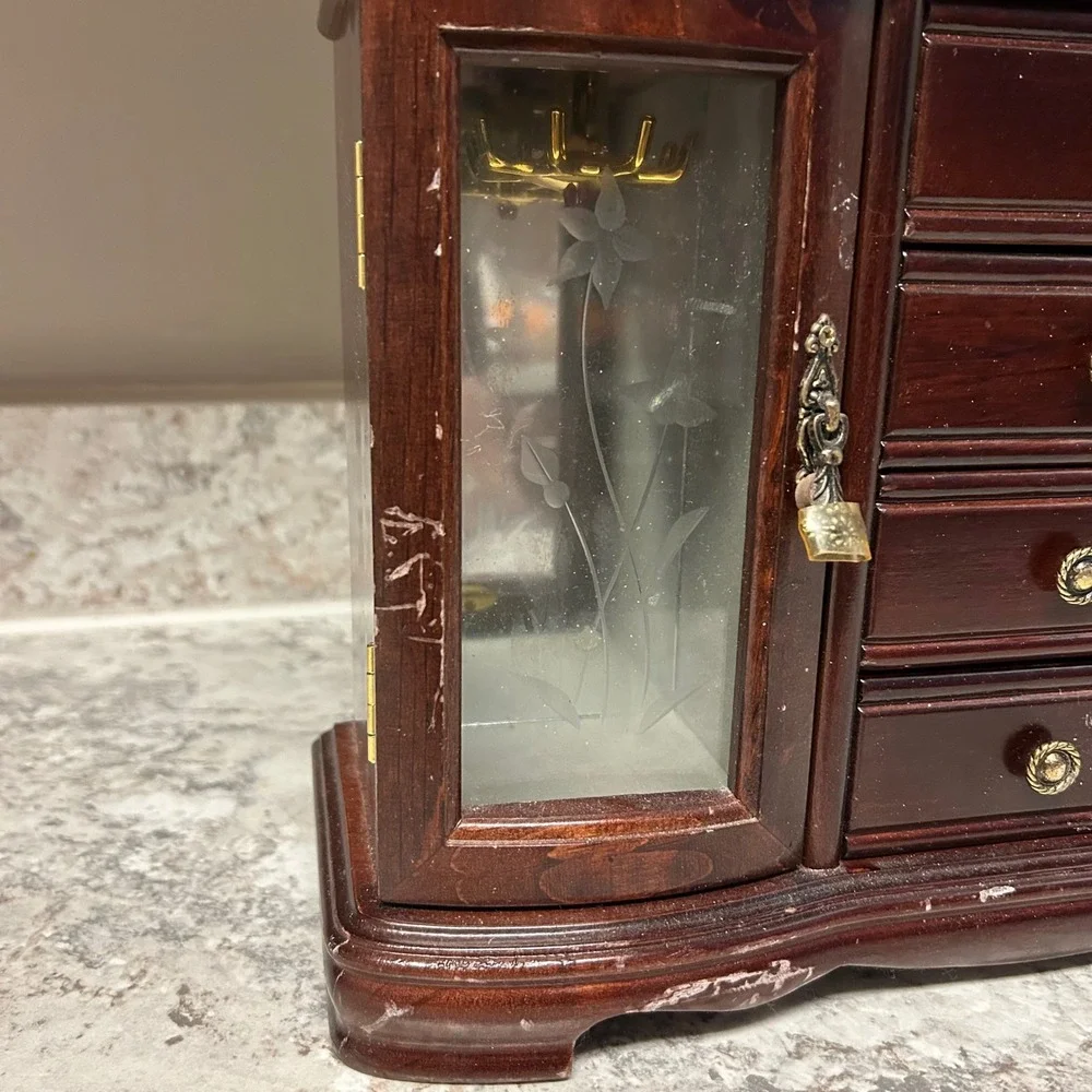 Vintage Wood Jewelry Armoire Large Brown Etched Glass 4-Drawer Rotating Hooks